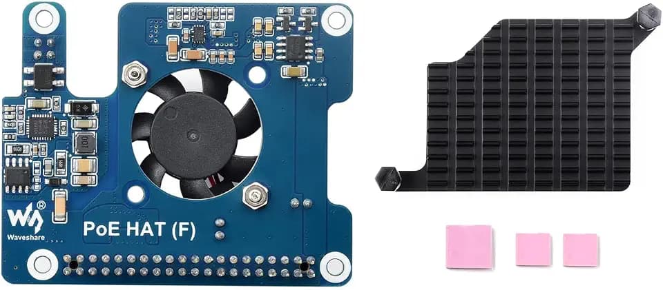 Waveshare PoE Power Over Ethernet HAT (F) Compatibele with Raspberry Pi 5 / cm 5, High Power, Onboard Cooling Fan, with Metal Heatsink, Supports 802.3af/at Network Standard