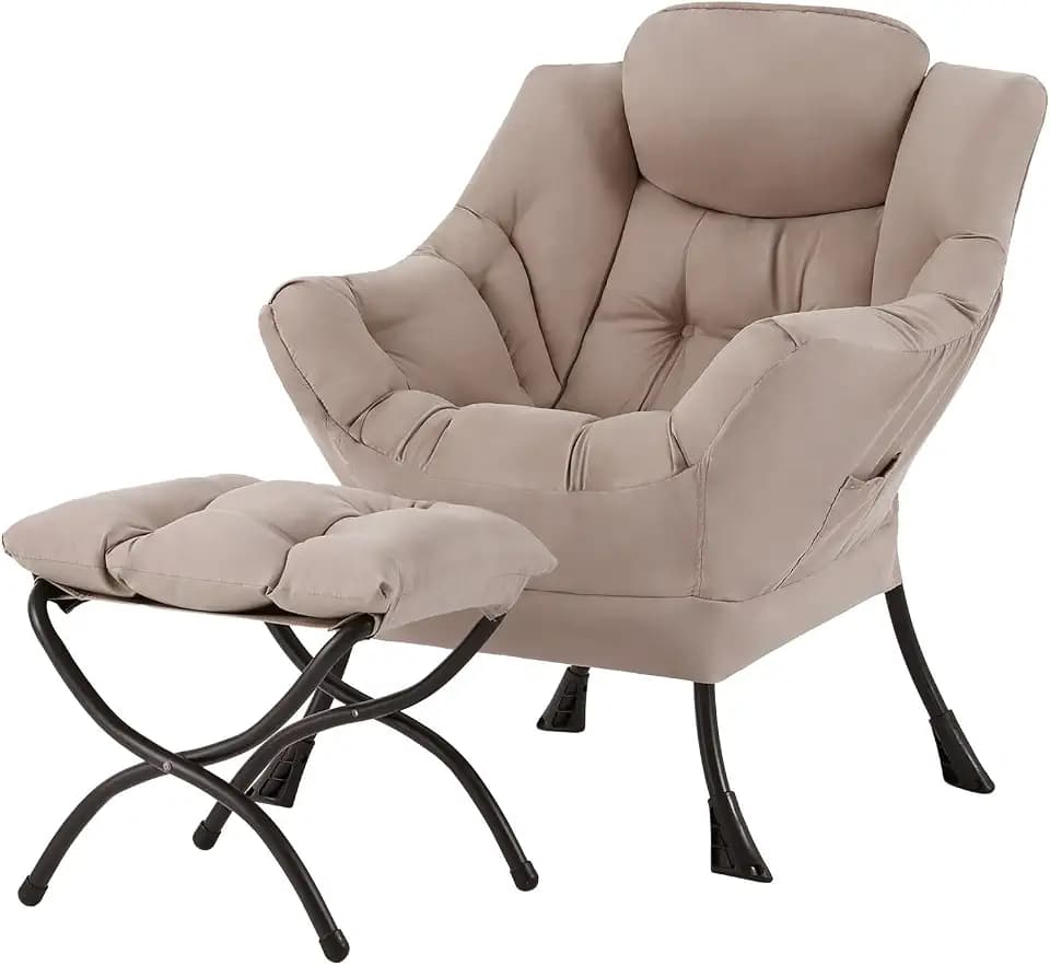 Welnow Lazy Chair with Ottoman, Reading Chair with Footrest,Khaki