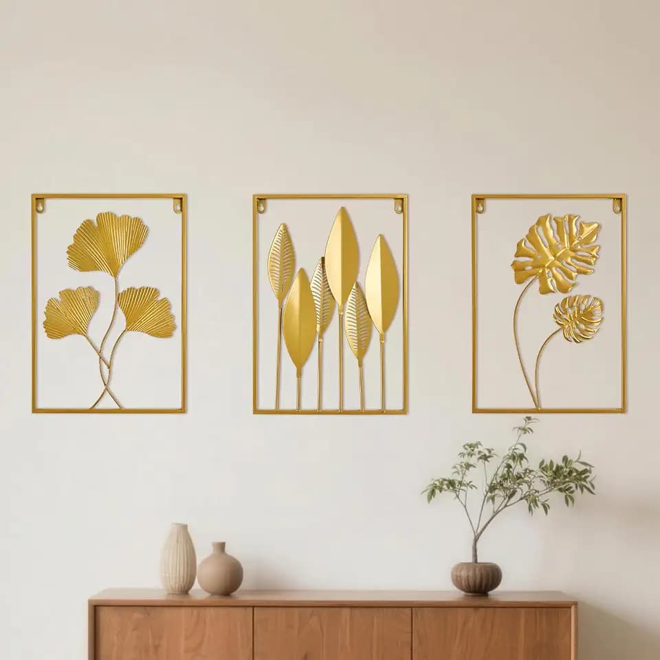 Metal Wall Art 3D Minimalist Tree Leaf Wall Sculpture Decor, Gold Framed Wall Art for Living Room Bedroom Dining Room Office - Housewarming Gifts (Gold, 3 Pack)