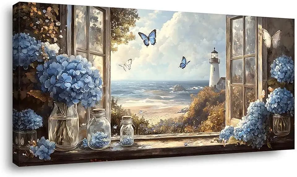 Coastal Open Window Butterflies Ocean View Canvas Wall Art Blue Hydrangea Print Rustic Lighthouse Beach Landscape Painting Gallery Wrapped Artwork for Living Room Bedroom Bathroom Decor, 40X20 INCH