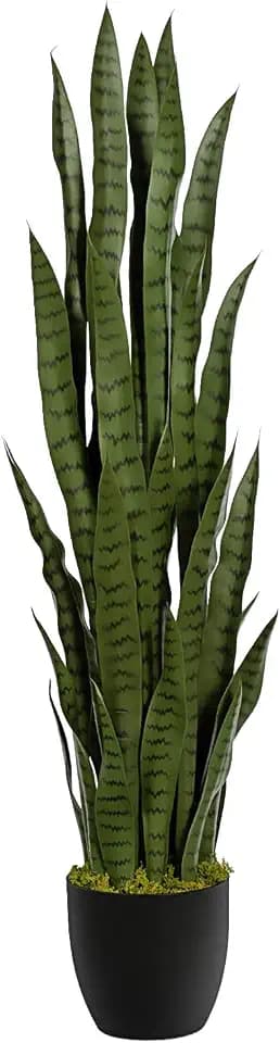 4ft Artificial Snake Plant – 46in Faux Sansevieria Plants, Fake Floor Plant for Indoor Outdoor, Front Porch Patio Home Office Decor, Mother-in-Law’s Tongue, Green 1Pcs
