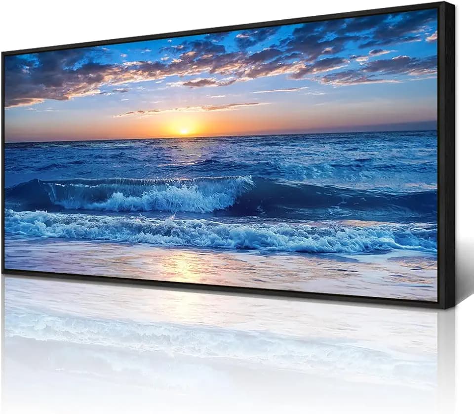 Wapluam Canvas Wall Art - Large Blue Ocean Beach Wall Painting for Living Room, Bedroom, Office - Framed