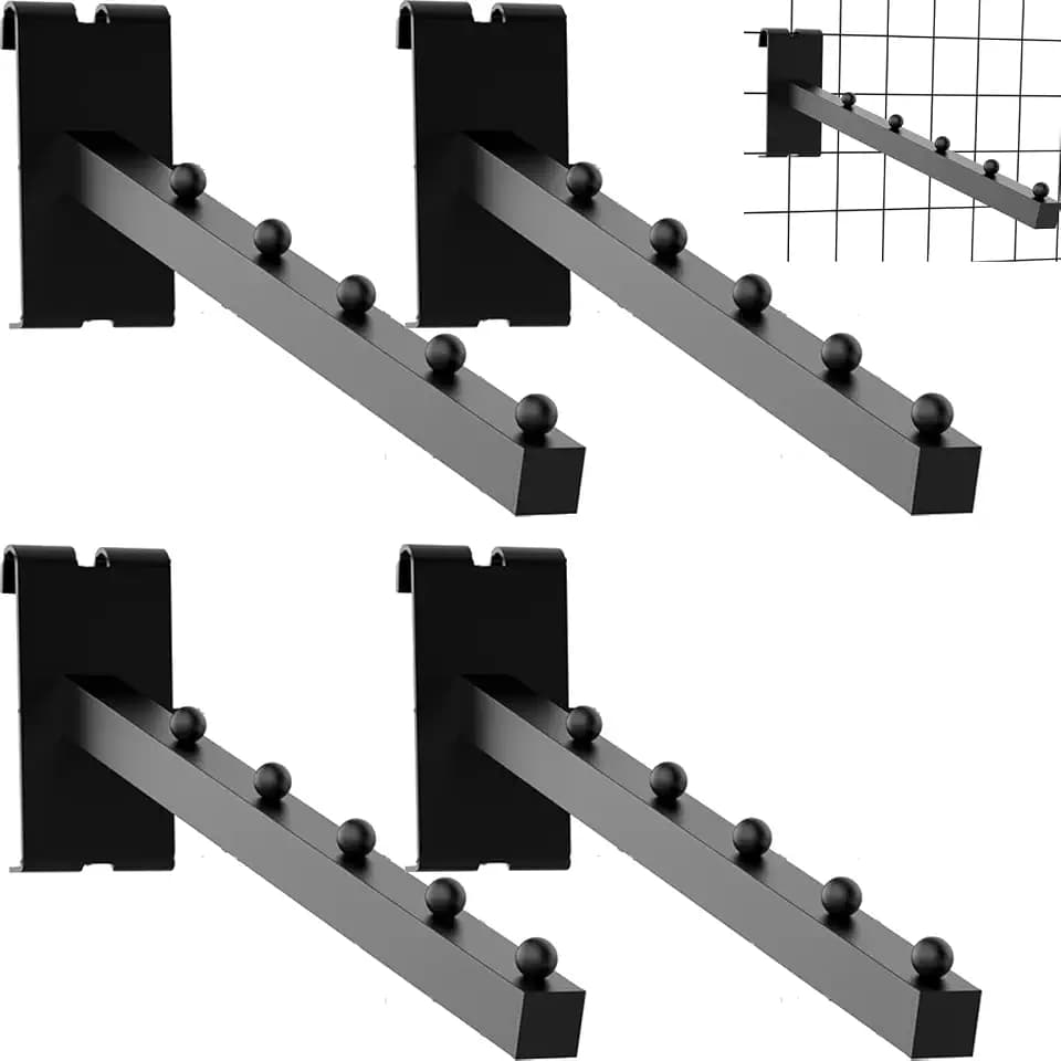 4 Pack Black Gridwall Clothes Hanger with 5 Balls - 12 Inch Rectangular Tube Display for Wire Grid and Grid Wall