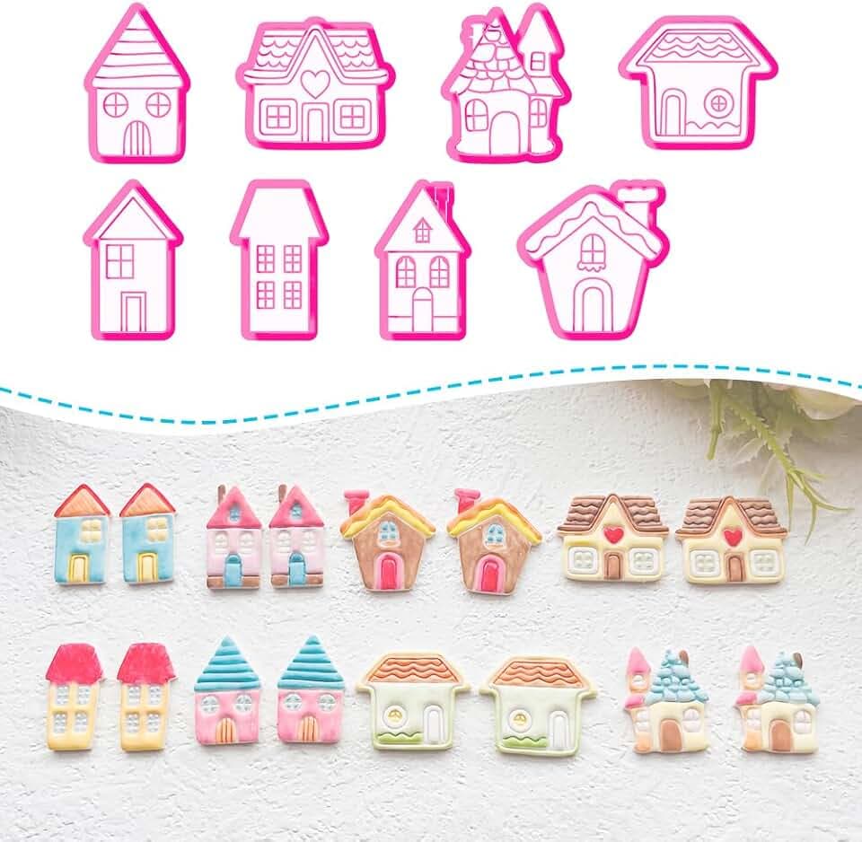 Cozy Cottage Polymer Clay Cutters Set - 8pcs Cute House Shapes for DIY Earring Jewelry, Soft Clay Crafts, Scrapbooking & Miniature Home Decor