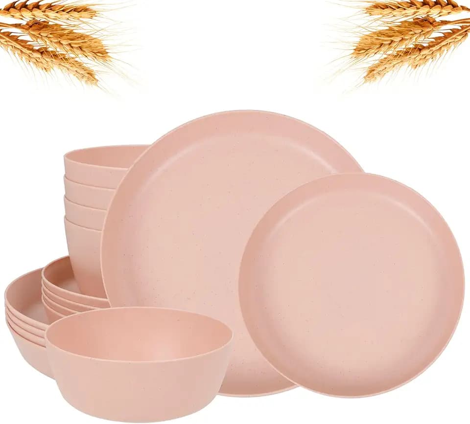 EjonirInjonir 12pcs Pink Wheat Straw Dinnerware Set for Family/Dorm