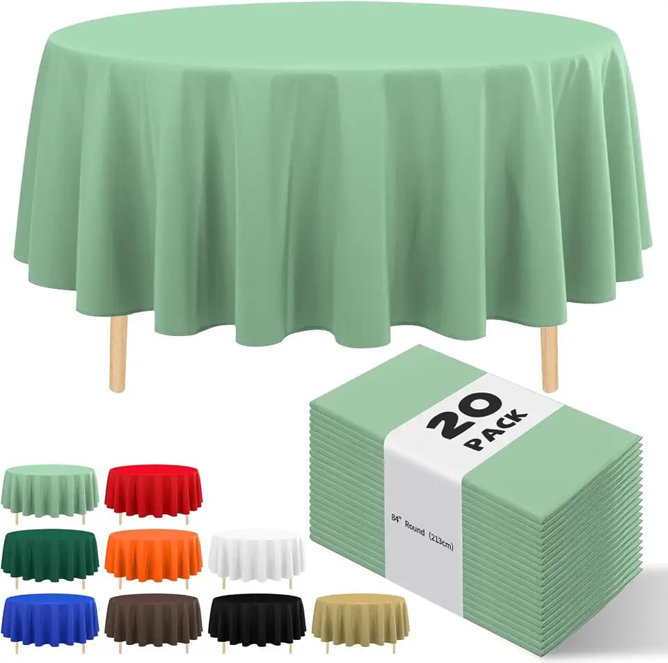 Sage Green Plastic Tablecloth 20 Pack, 84 Inch Disposable Round Table Cover, Waterproof Table Cloths for 6 to 8 Foot Round Tables, Party Birthday Wedding Indoor Outdoor