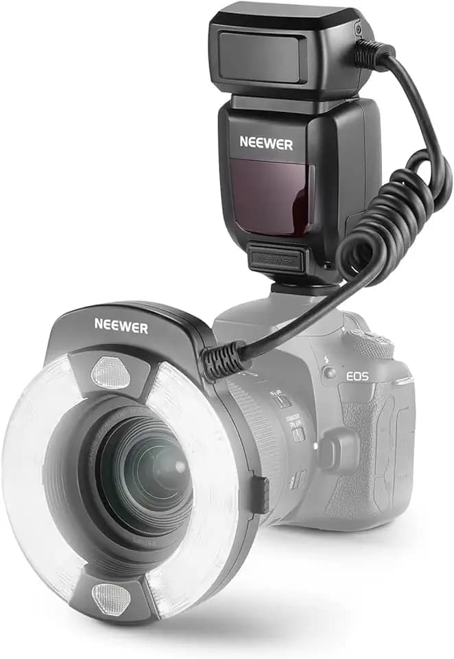 NEEWER RF1-C Makro Ringblitz, kompatibel mit Canon, 76Ws GN15 5600K E-TTL Blitzlicht, 1–1/128 Ausgang, Synchronisation mit vorderem/hinterem Vorhang, Farbfilter, Objektivadapter für Makrofotografie