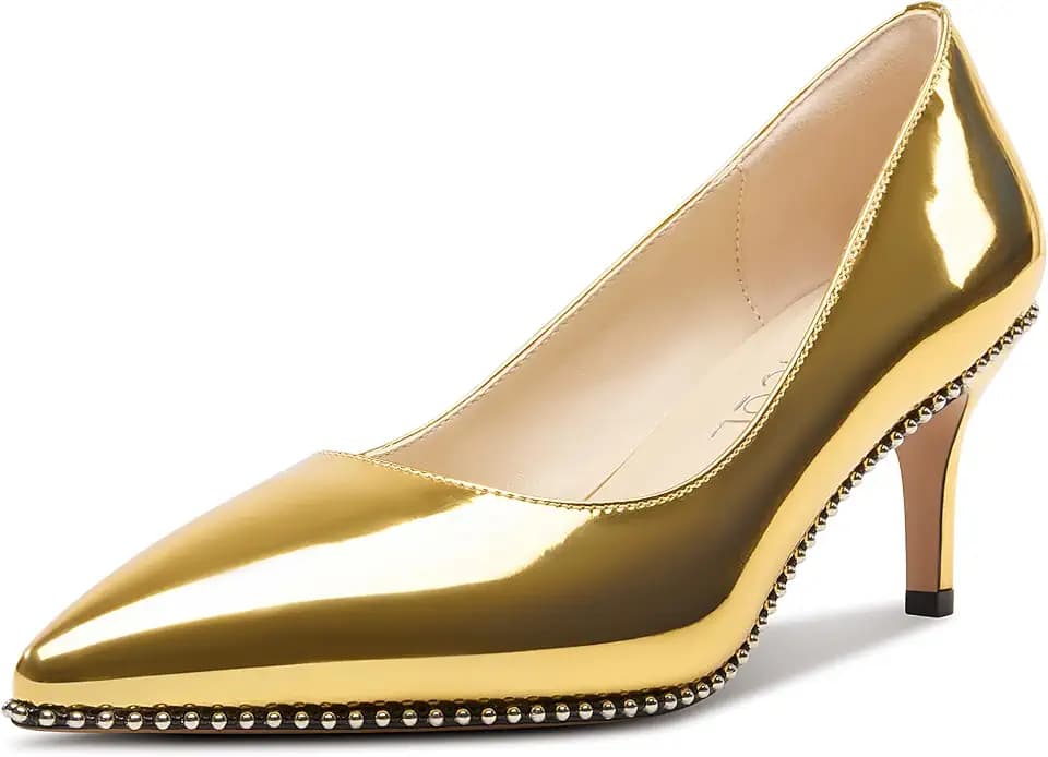 Aachcol Womens Pointed Toe Patent Leather Pumps Mid Kitten Heel Slip-on Office Beaded Dress Shoes 2.5 Inches Heels