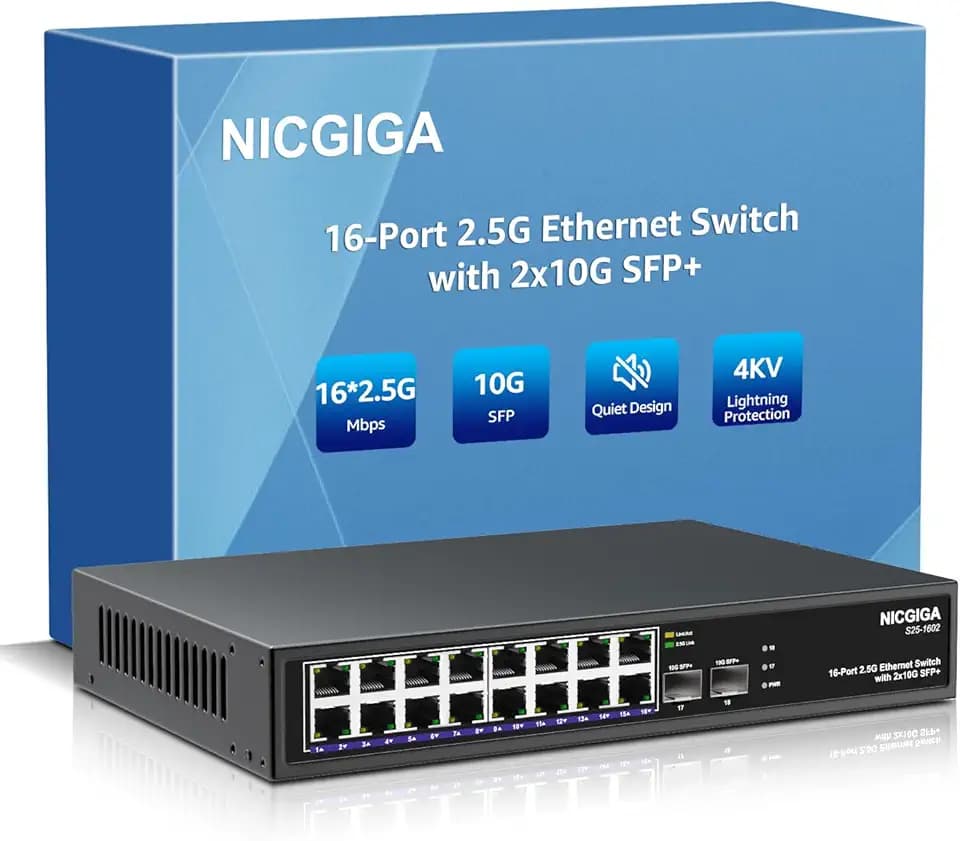 16-Port 2,5G + 2-Port 10G SFP+ Ethernet-Switch, NICGIGA 18-Port 2,5Gb Netzwerk-Switch unverwaltet, Plug & Play, Desktop- oder 19-Zoll-Rack-Montage, lüfterloses Metalldesign.