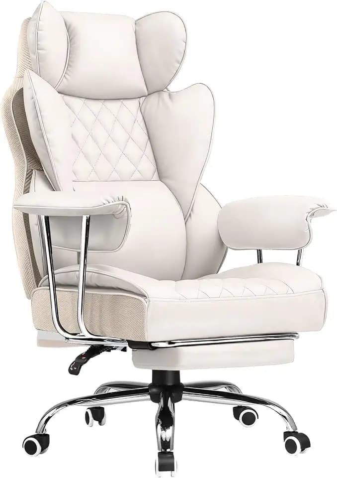 COMHOMA Big and Tall Office Chair, High Back Leather Gaming Chair with Footrest, Executive Ergonomic Office Chairs with Pocket Spring Lumbar Support and with Outward Fixed Soft Armrests