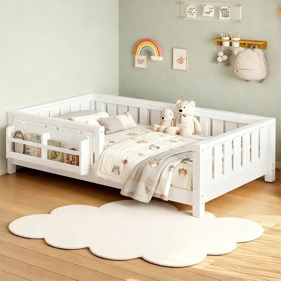 Twin Montessori Floor Bed Frame with Bookshelf & Guardrails, White