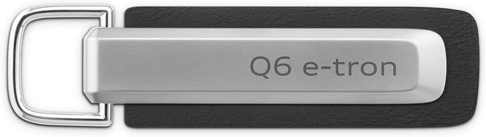 Audi 3182501300 Schlüsselanhänger Metall Leder Anhänger Schlüsselring Keyring Gravur, mit Q6 e-tron Schriftzug und Audi Ringe Logo, silber/schwarz