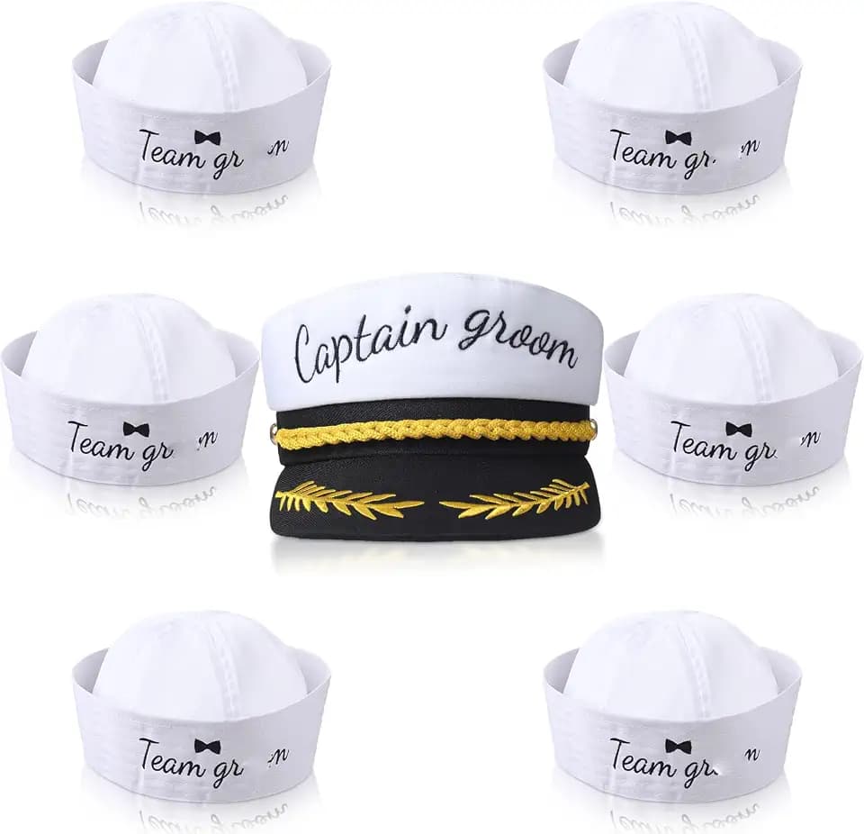 JaGely 7 Pcs Bachelor Party Favors Captain Groom Hat Groomsmen Sailor Hat