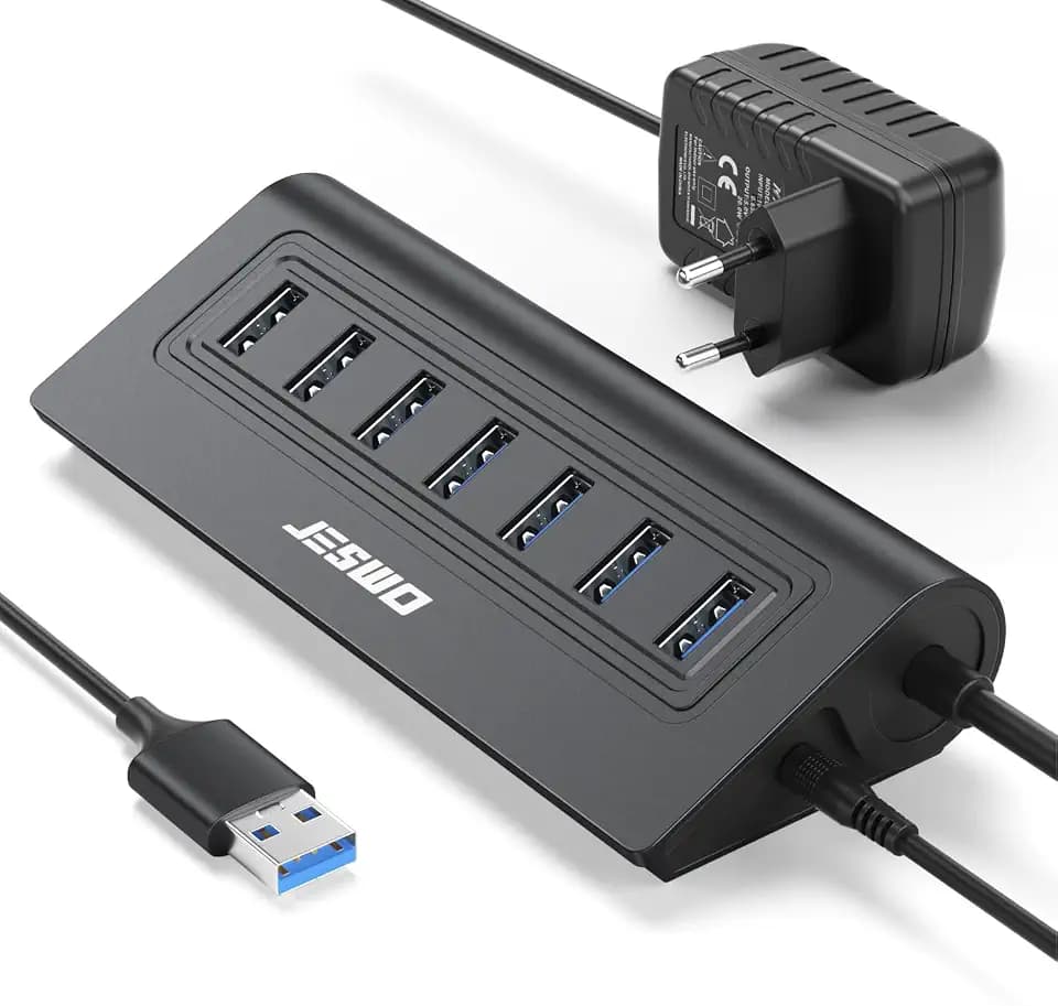 JESWO USB HUB Aktiv 3.0 mit Netzteil 20W, Aluminium USB 3.0 Hub 7-Port