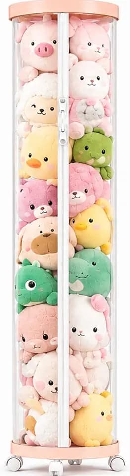 Upgraded Stuffed Animal Storage Tube,Tall (59‘’) Plush Organizer with 4 Wheels,Pink PET Clear Bucket & Double Zipper, Space-Saving Toy Storage for Kids Room,Tidy Zoo Bin for Stuffed Animals