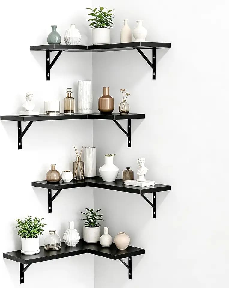 NATURE'S SOURCE Corner Floating Shelves Wall Mounted, Black, Set of 4