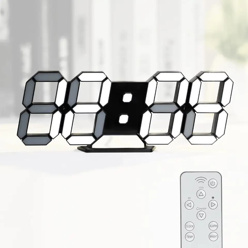 KOSUMOSU Digital Clock 3D LED Wall Clock for Living Room Decor 9.7" Alarm Clocks Black Clock Wall Decor Digital Wall Clock,Remote Control/Dimmer/Date/Temperature