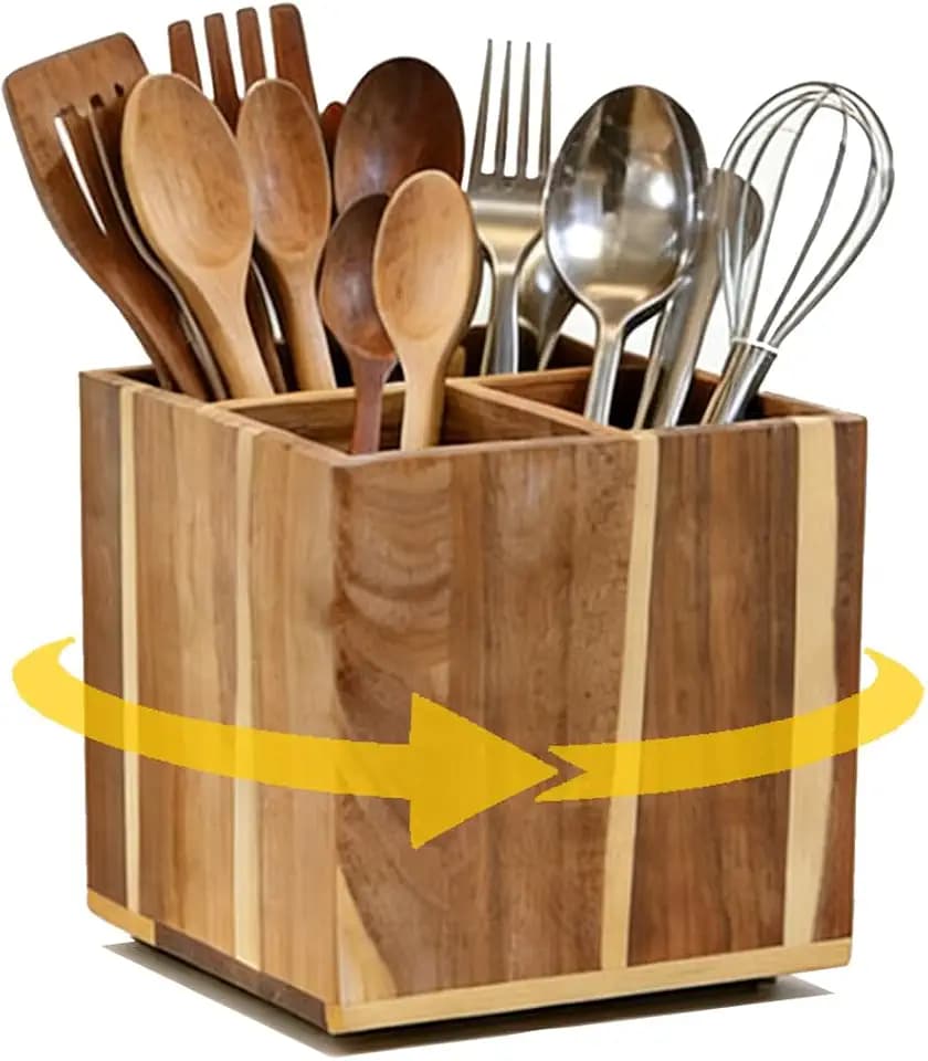 Wooden Utensil Holder for Kitchen Counter, Non-Slip Large Acacia Wood Spatula Holder for Counter with 4 Compartments, 360° Rotating Cooking Utensil Holder, Farmhouse Countertop Decor