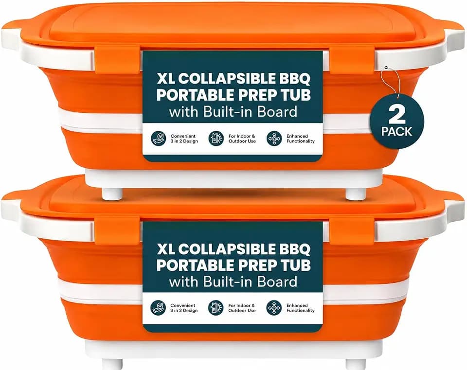 Pamper Paws 2-Pack XL BBQ Prep Tub - 3-in-1 Collapsible Food Prep Tub with Cutting Board, Lid & Strainer, Marinate, Prep & Drain, Foldable Container for Outdoor Cooking, Camping, BBQ & Kitchen Use