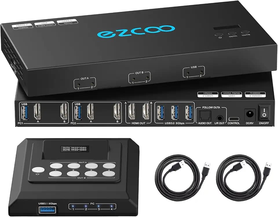 4K@60Hz HDMI KVM Switch Dual Monitor USB 3.0 2 Monitore 2 Computer EDID Emulatoren für 2 PCs teilen 2 Displays und 4 USB 3.0-Ports SPDIF L/R Audio Kopier Erweiterungsmodus, 2 USB-Kabel und Controller.