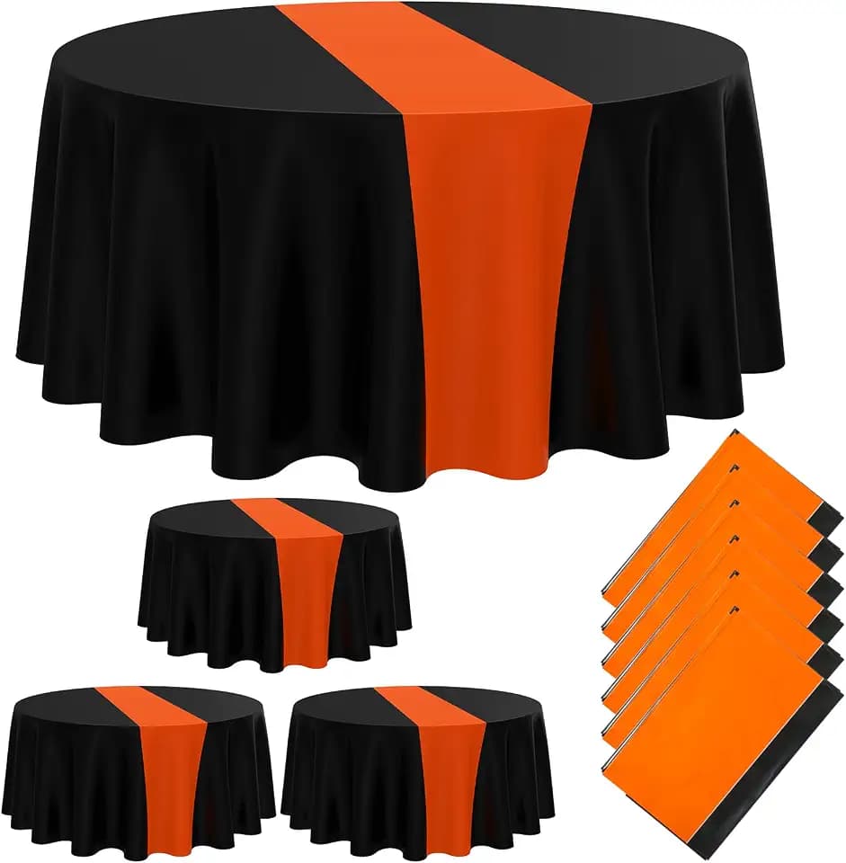 Oudain 6 Pcs Round Disposable Tablecloth 84 Inch Stain and Wrinkle Resistant Table Cover Plastic Tablecloths for Graduation Baby Shower Wedding Birthdays Party Decorations (Orange,Black)