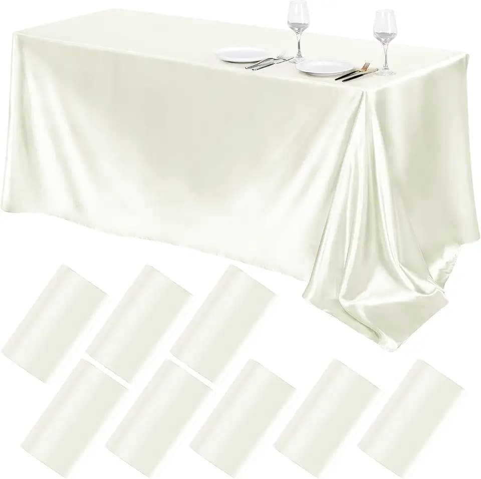 TURSTIN 8 Pack Ivory Satin Tablecloth 102 x 58 Inch Overlay Table Cover