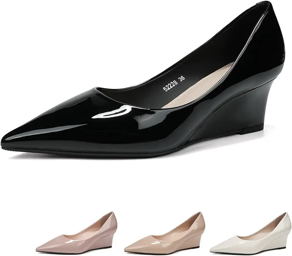 Women's Patent Leather Classic 2.17-Inches Wedges Pumps Fashion Comfortable Pointed Closed Toe Slip On Shallow Mouth High Heel Dressy Shoes for Wedding Work Office Party