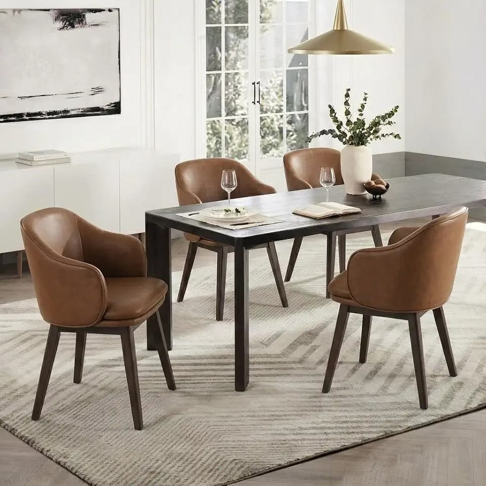KISLOT Wooden Dining Chairs Set of 4, Faux Leather Barrel Upholstered Modern Dining Room Chairs with Soild Wood Leg & Double-Layer Thick Cushion for Restaurant, Kitchen, Brown