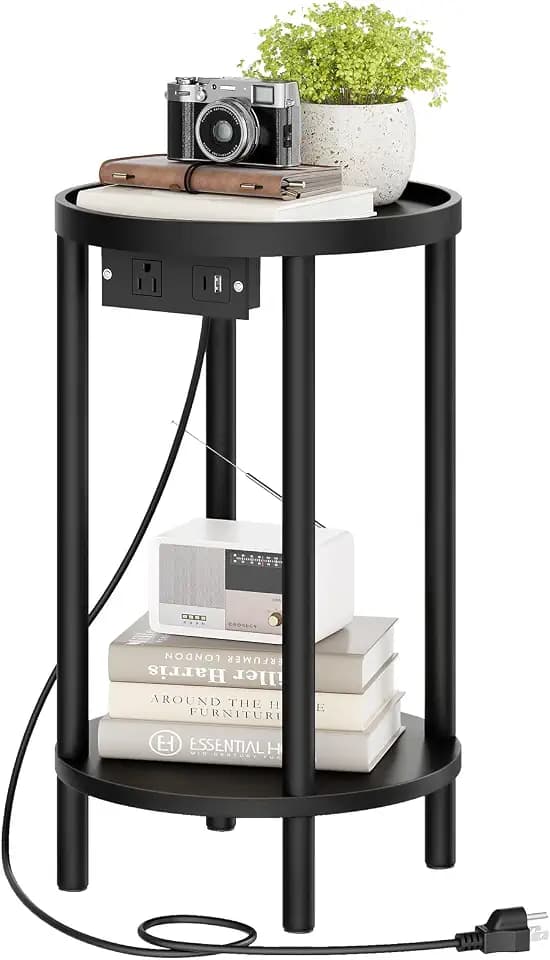 HOOBRO Small Round Side Table with Charging Station, 2-Tier Round Bamboo End Table, Compact Sofa Bedside Table for Small Space, Easy Assembly, for Living Room, Bedroom, Apartment, Black BB156UBZ01