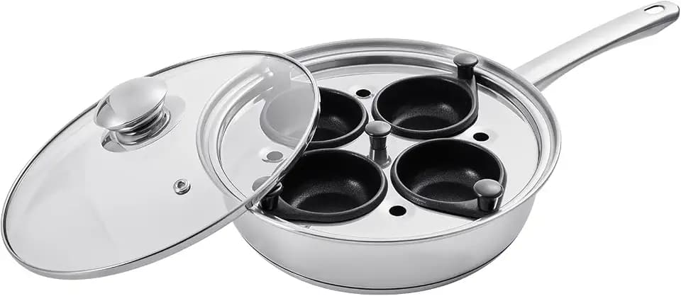 VEVOR Egg Poacher Pan, 4-Cup Poached Egg Maker, Stainless Steel Poaching Pan and Frying Skillet, with 4 Nonsitck Detachable Large Cups, Lid, and Silicone Spatula, Compatible with Induction Stovetop