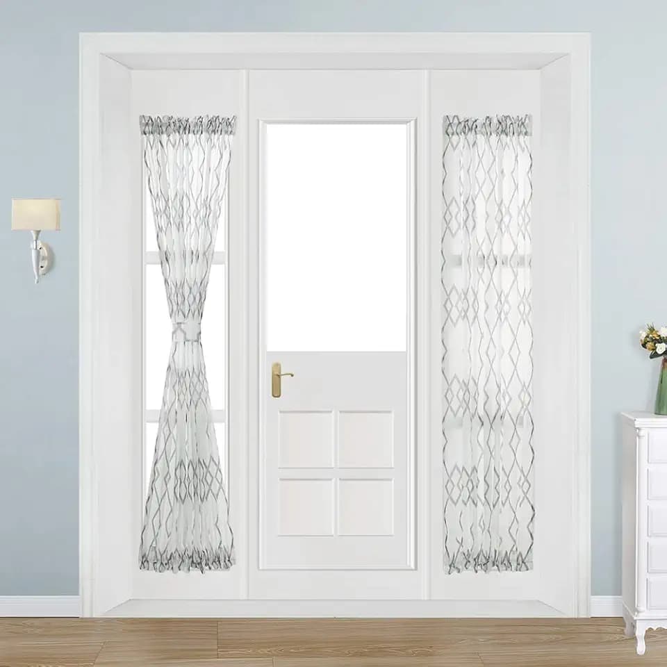 NAPEARL Sheer French Door Curtains-Geometric Patterns Sidelight Window Curtains, Rod Pocket Front Door Window Curtains 72 Inches Long, 1 Panel with Tieback (W25 X L72 in, Dark Grey)