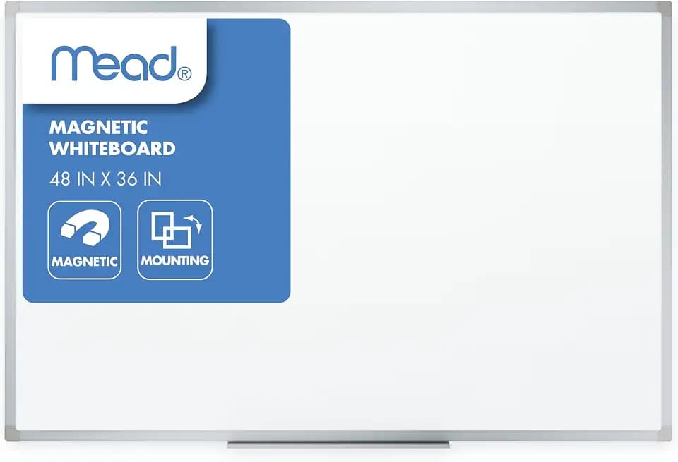 Mead Dry Erase White Board, 48" x 36" Magnetic Whiteboard for Horizontal or Vertical Mount, White/Silver (SM85357)