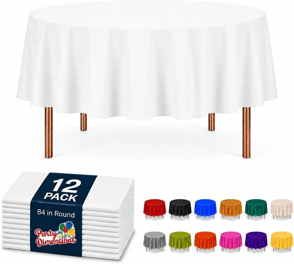 Party Dimensions White Disposable Plastic Tablecloth, Round, 84", 12 Pack