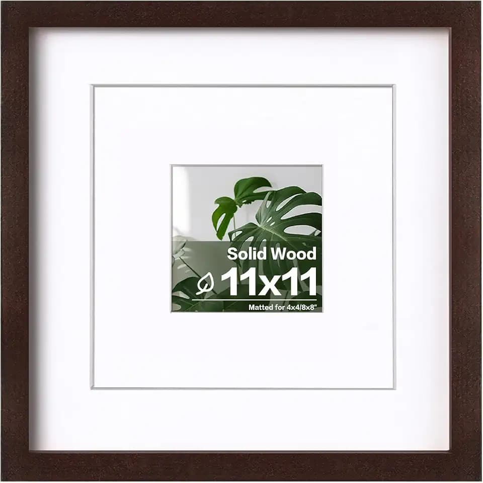 Egofine 11x11 Picture Frame Covered by Plexiglass, Display Pictures 4x4/8x8 with Mat or 11x11 Without Mat Made of Solid Wood for Table Top Display and Wall Mounting Photo Frame, Walnut Color