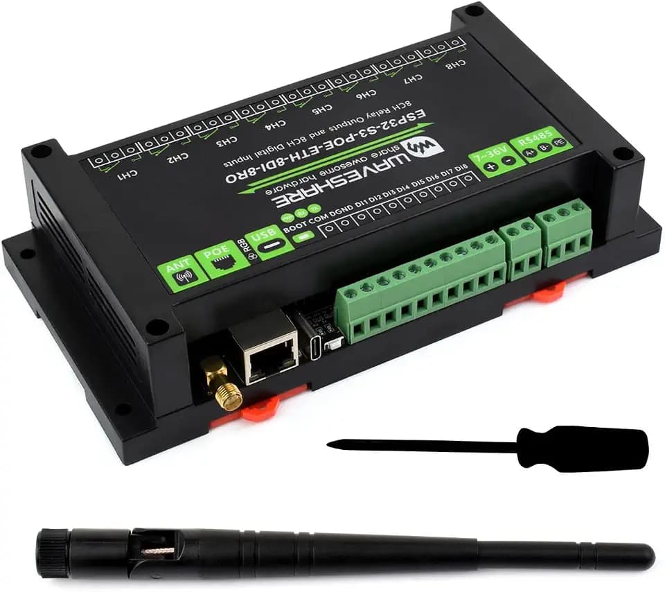 Waveshare ESP32-S3-POE-ETH-8DI-8RO(PoE Network Port), Industrial 8-Ch ESP32-S3 WiFi Relay Module, Isolated RS485 Interface, Xtensa 32-Bit LX7 2Core Processor, Up to 240MHz, Multi Isolation Protection