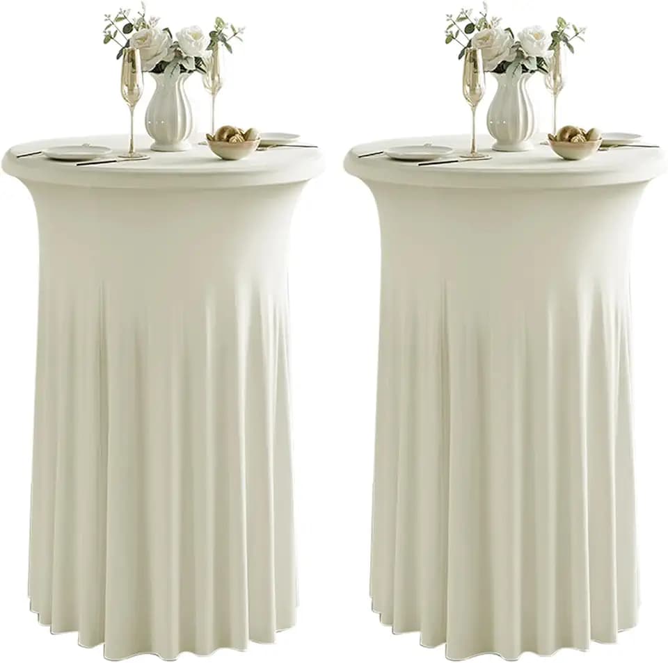 Qubjus 2 Pack Cocktail Tablecloths Stretch Table Skirt - 32x43 inch Bar High Top Stylish and Elegant Cocktail Table Covers for Parties, Weddings, Holidays - Beige