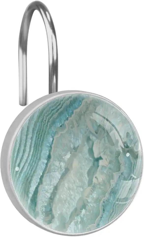 Teal Agate Texture Shower Curtain Hooks, 12 Pcs Anti Rust Decorative Resin Shower Curtain Rings Hooks for Bathroom Bedroom Room Decor