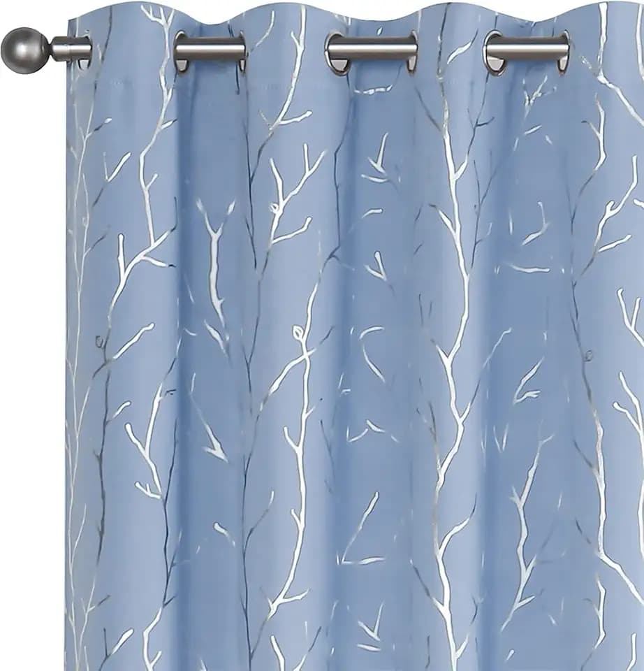 BUHUA Black Out Curtains 84 Inch Long 2 Panels, Soundproof Curtains with Elegant Silver Tree Branches Print, Heat Blocking Curtains for Livingroom, 66W x 84L, Greyish White