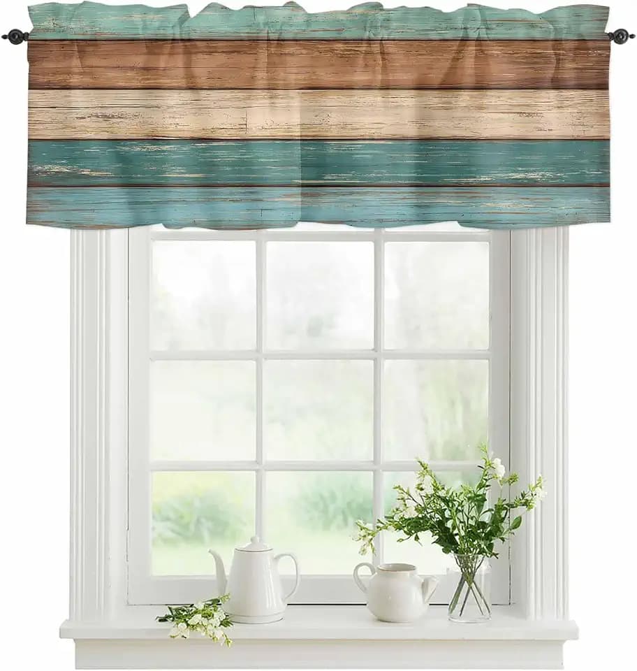Rustic Farmhouse Valances Curtains for Kitchen Windows, Retro Wood Rod Pocket Curtain Toppers Teal Green Brown Country Short Curtains Treatments for Bedroom/Living Room/Bathroom,54" X 18"-1 Panel
