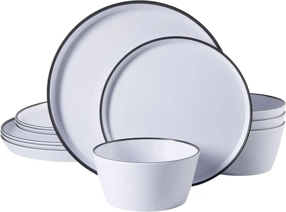 Gibson Home Folsom Shores 12 Piece Unbreakable Modern Melamine Plates and Bowls Dinnerware Set - Outdoor, Camping, & Everyday Use - White W/Black Rim