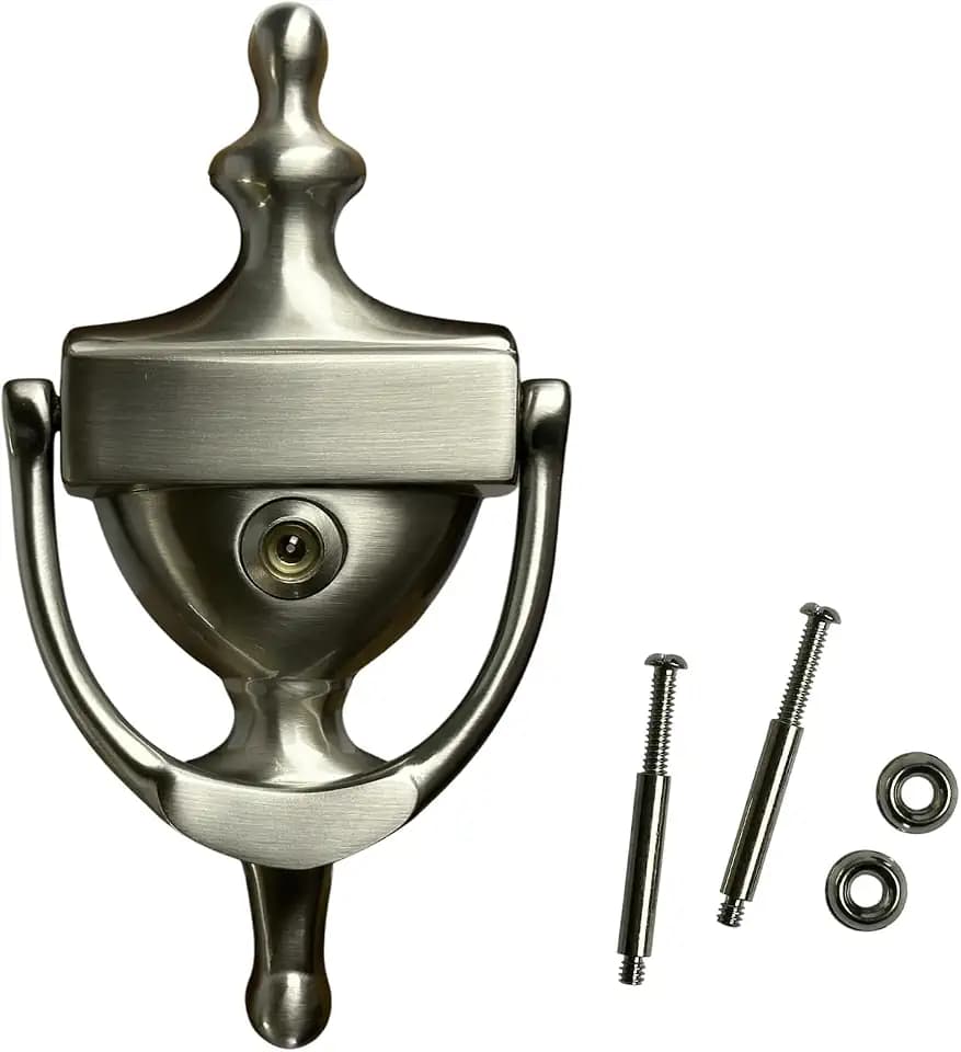 QCAA Solid Brass Door Knocker, 7", with 160 Degree Glass Len Door Viewer (UL Listed), Satin Nickel, 1 Pack