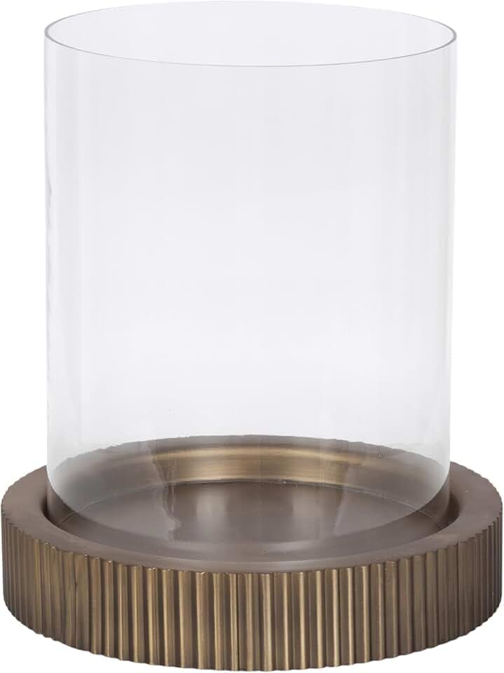 Kate and Laurel Rooks Modern Large Metal Pillar Candle Holder with Hurricane, 10 Inch Diameter, Antique Brass, Transitional Ribbed Oversized Hurricane Candle Holder with Glass Cylinder for Living Room