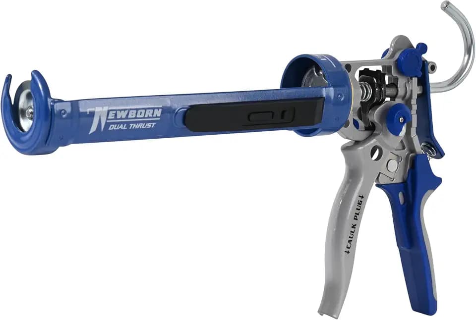 Newborn 360-DT Dual-Thrust Industrial Caulking Gun, 10 oz Cartridge, Adjustable 12:1 & 26:1 Ratio, Drip-Free, Revolving Barrel with Built-in Scraper, Spatula, Cutter, Poker, and Caulk Plug