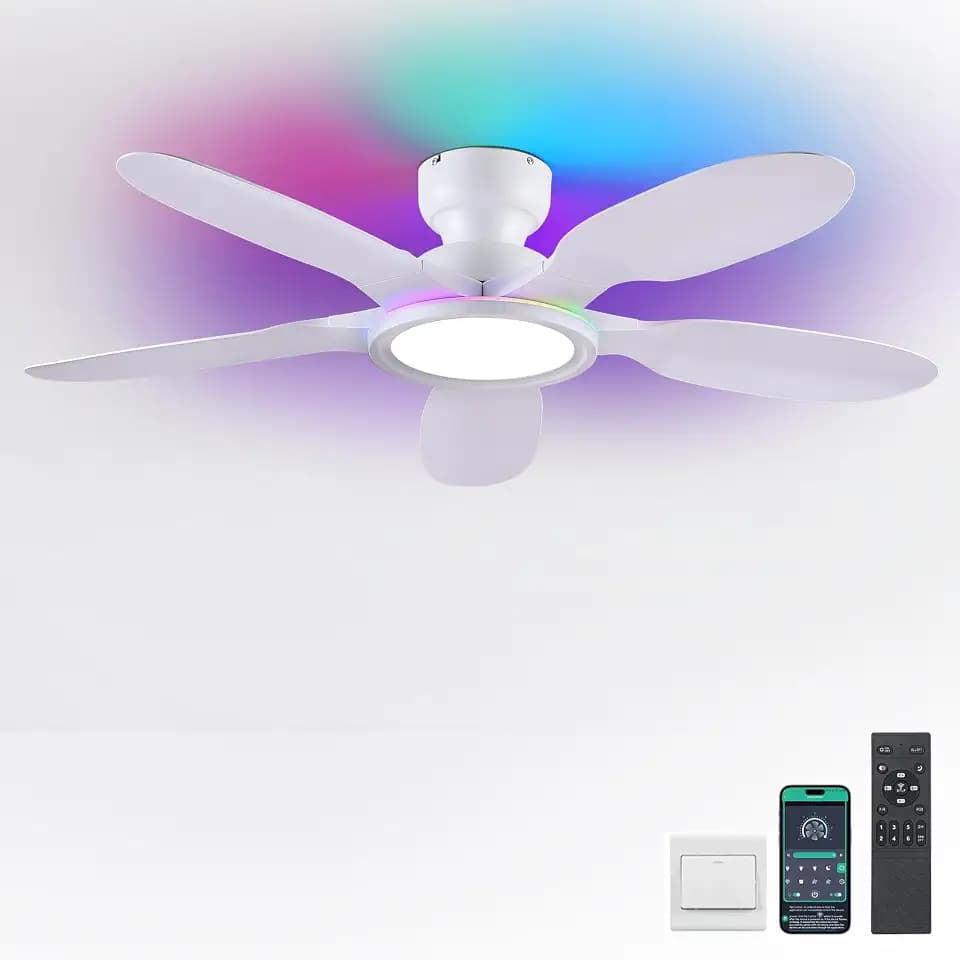 Kviflon 52 In Ceiling Fans with RGB Ring Lights Remote/APP,5 Blades White