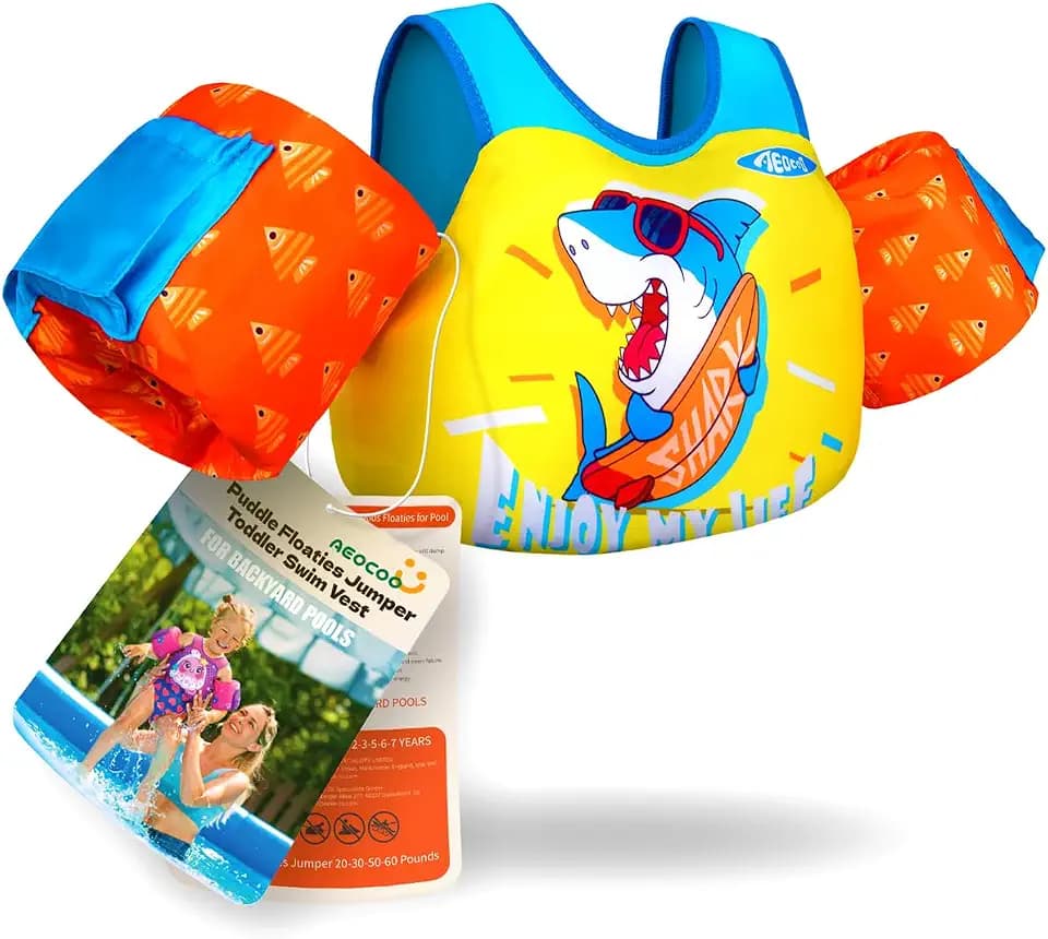 AEOCOO Puddle Float Jumper 20-30 Pounds, Toddler Swim Vest for 18Months-2Years Old, Pool Floats with Swimming Arm Floaties Swim Jacket with Water Wings for Kids Swimmies, Boys, Girls, Niños, Shark