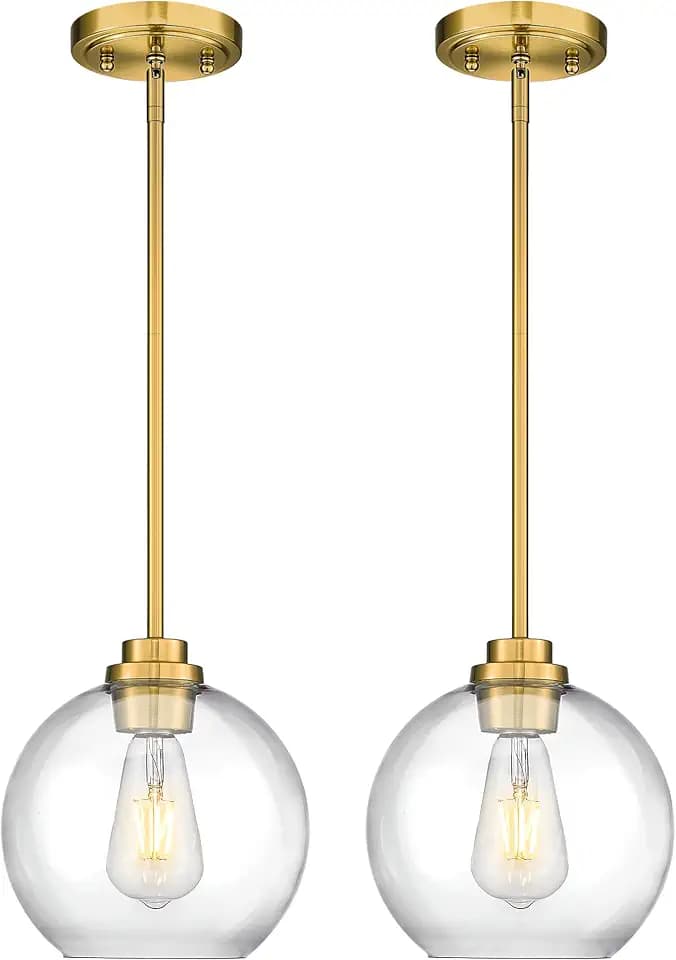2 Pack Pendant Lights Kitchen Island, 8" Gold Pendant Light Fixtures with Globe Clear Glass Shade, Modern Brass Kitchen Island Lighting for Bathroom, AD-22280-2PL-GD
