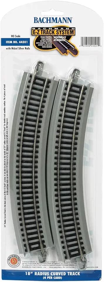 Bachmann Trains - Snap-Fit E-Z TRACK 18” RADIUS CURVED TRACK (4/card) - NICKEL SILVER Rail With Gray Roadbed - HO Scale , Grey