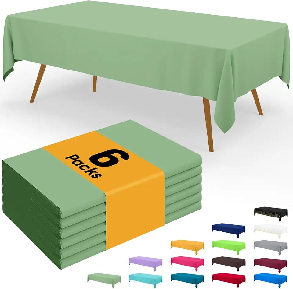 Smiry Disposable Table Cloth - 6 Pack, 54 x 132 Inch Waterproof Rectangle Tablecloths for Parties, Decorative Plastic Table Cover, Leakproof & Sturdy, Sage Green