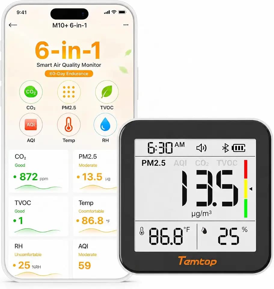 Temtop M10+ 6-in-1 CO2 Meter & Indoor Air Quality Monitor