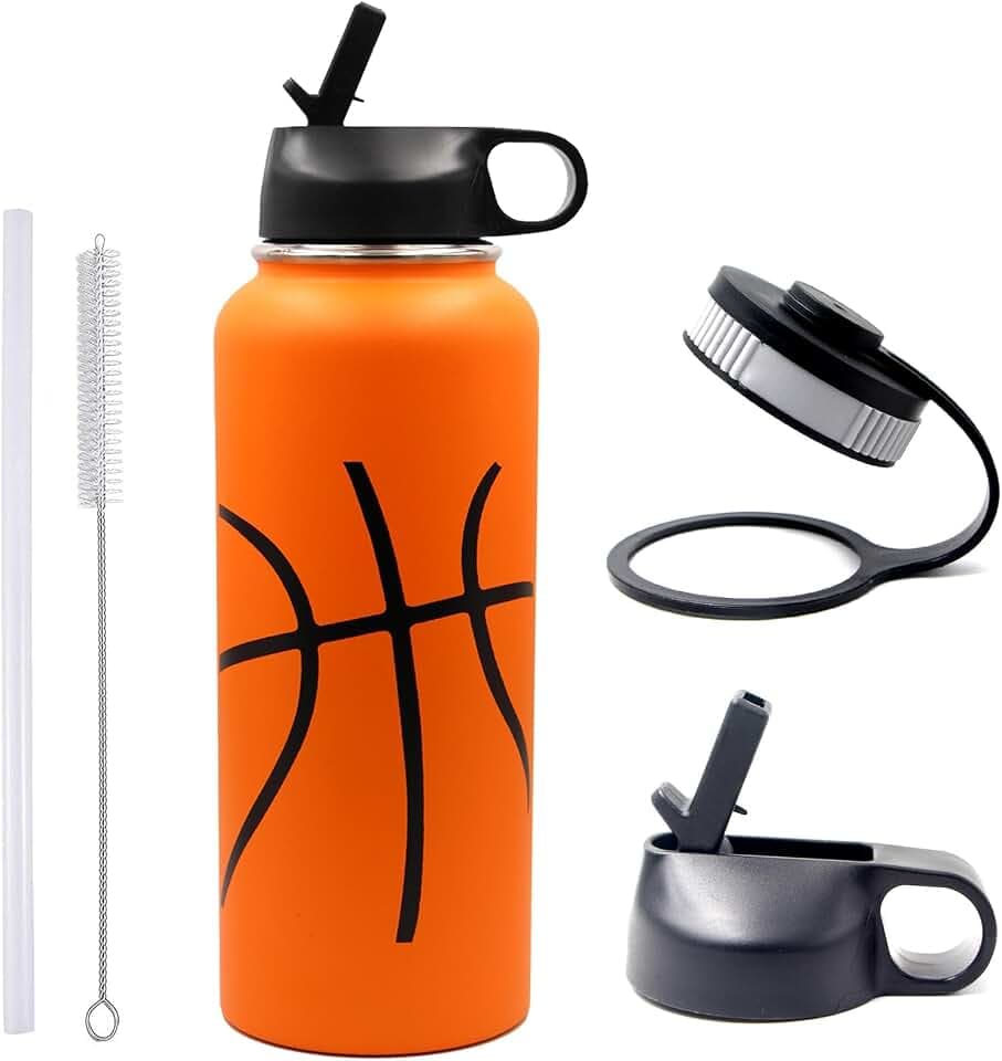40 oz Basketball Water Bottle, Stainless Steel Vacuum Insulated Water Bottle with Straw and 2 Lids, Wide Mouth BPA Free Double Wall Leak Proof Flask for Sports, Travel, Gym, School
